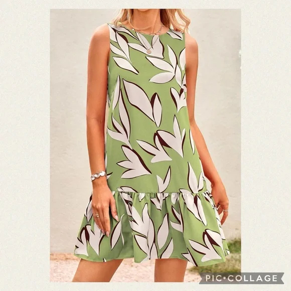 Leaf Pattern Sleeveless Mini Dress - Picture 1 of 7